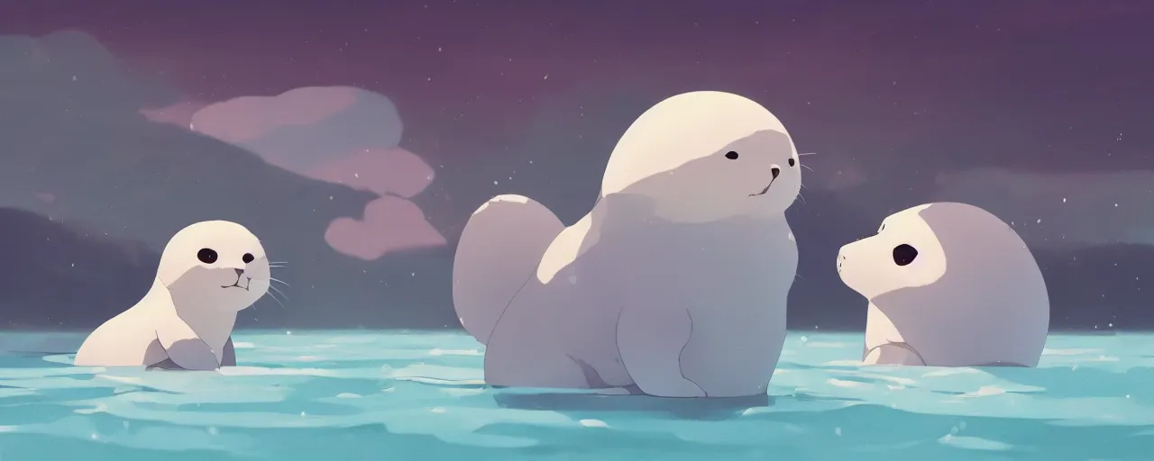 Image similar to a baby harp seal swimming in a tropical river, atey ghailan, goro fujita, studio ghibli, rim light, bright lighting, clear focus, very coherent