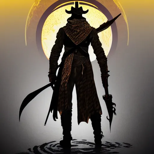 Prompt: an ultra detailed vector image of the hunter from bloodborne dressed as solaire of astora, concept art by alphonse mucha and greg rutkowski, scary shadows, blood moon eclipse, octane render, liminal space