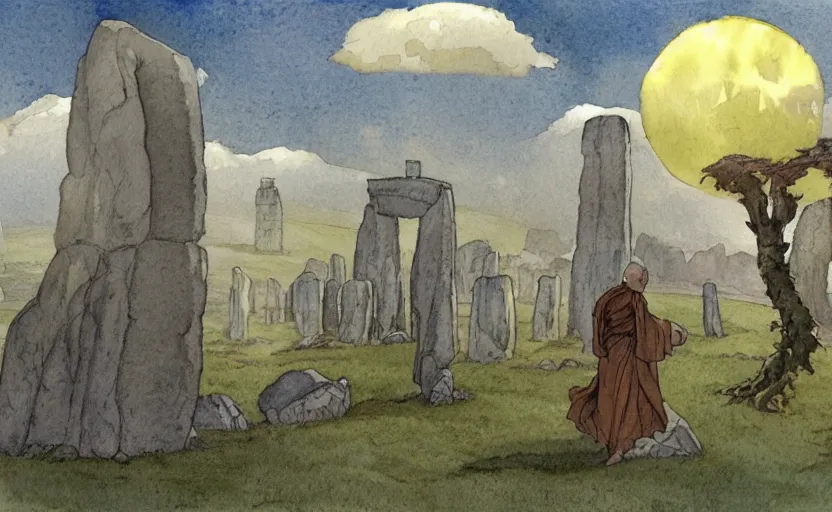 Image similar to a realistic watercolor fantasy concept art of giant monk with a big forehead in grey robes swaying in stonehenge. several immense stones are floating in the air. in the background a large ufo is in the sky. by rebecca guay, michael kaluta, charles vess