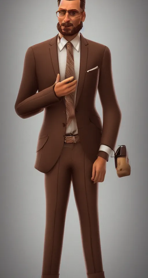 Prompt: a rich daddy, 3 6 years old, wear brown suits, stubble, cramel hair, character concept art, octane render, trending by artstation, artbreeder