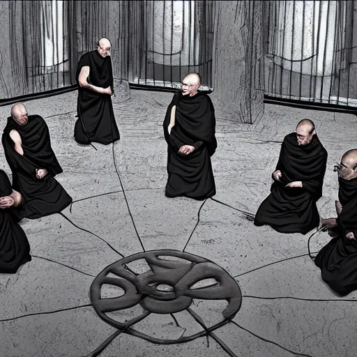 Prompt: 5 monks kneeling in a circle with wires coming out of the back of their heads connecting them to a computer in the center, dark shadowy surroundings, dystopian scifi, horror, Stefan Koidl inspired