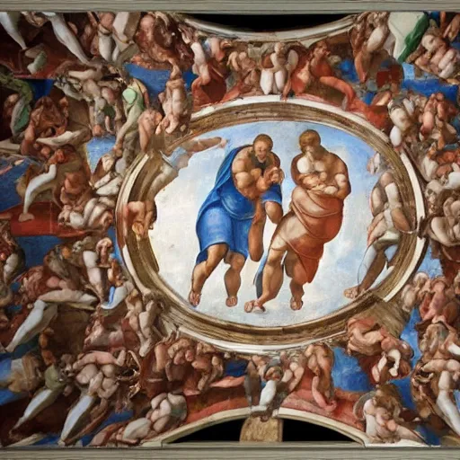 Image similar to realistic biblical painting of the robot uprising, historic depiction, on the ceiling of the sistine chapel, by michelangelo