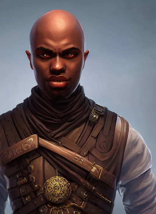 Prompt: An epic fantasy comic book style portrait painting of a young dark skinned thief with broad shoulders and a bald head in a vest in the style of the wheel of time, unreal 5, DAZ, hyperrealistic, octane render, cosplay, RPG portrait, dynamic lighting