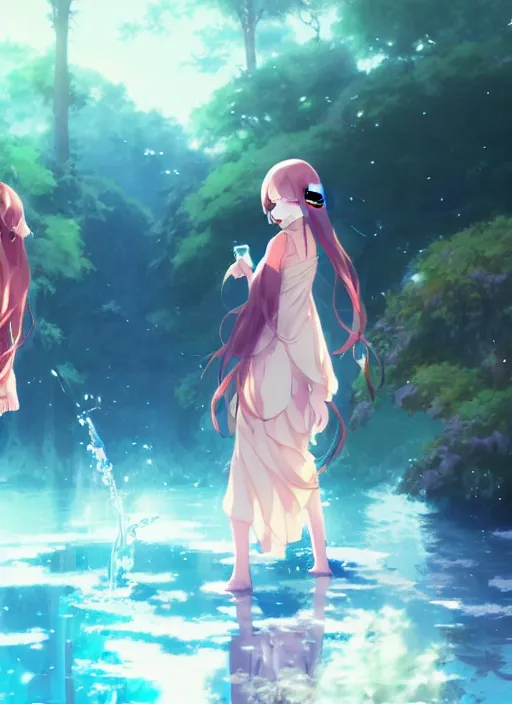 Image similar to 2 girl in fantasy clothes playing water. illustration concept art anime key visual trending pixiv fanbox by wlop and greg rutkowski and makoto shinkai and studio ghibli