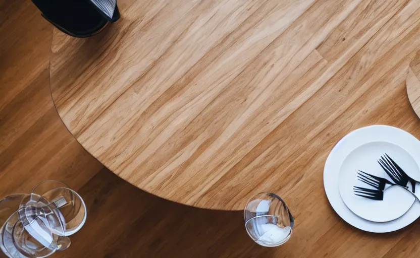 Image similar to top view of a dining table, natural light, cinematic lighting, 8 k