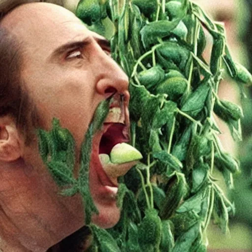 Prompt: nicolas cage screaming with a mouth full of peas, movie still, the wicker man