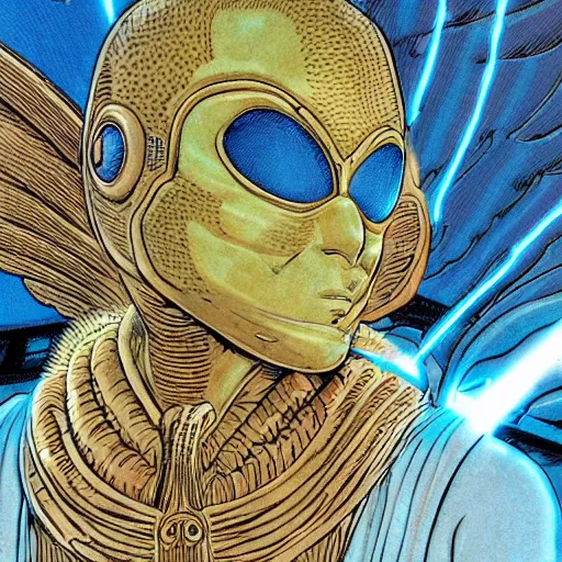 Image similar to close up portrait of the masked cyber archangel, intricate, highly detailed, masterful, in the style of moebius, akira toriyama, jean giraud