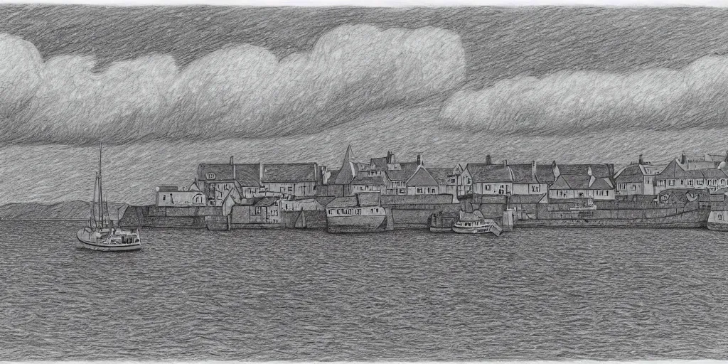 Image similar to a pencil drawing of the harbour at Stromness, orkney islands, small houses, boats, sea, stormy clouds, by Sol LeWitt