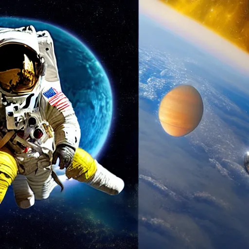 Image similar to astronaut in space, galactic background reflections on suit on one side and a yellow planet on the other side