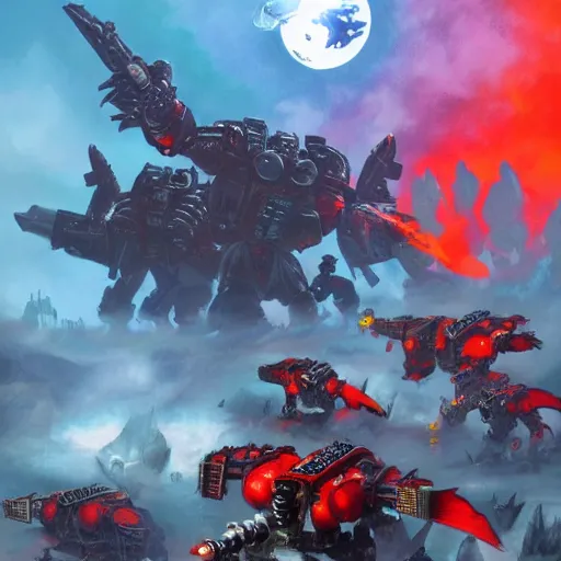 Prompt: a warhammer 4 0 0 0 0 artwork of a battle between space marines and tyranids. gradient blue to white to red. stunning illustration. highly detailed. artstation.