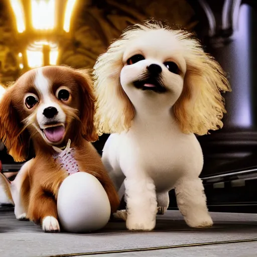 Prompt: a photorealistic closeup image of a cute brown colored long haired chihuahua cocker spaniel dog playing with a happy white bichon frise puppy at grand central station. brightly lit. extreme detail. 4 k hd unreal engine