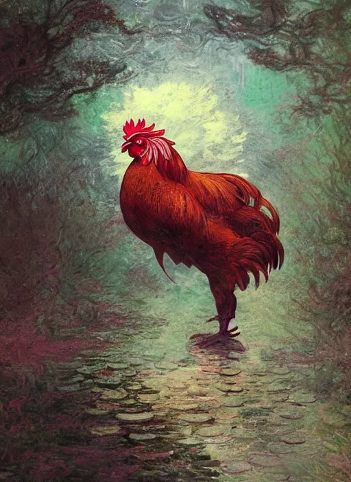 Image similar to a gorgeous paradise rooster japanese art is looking at a bird, ethereal, horror, fantasy art by greg rutkowski and magali villeneuve and claude monet