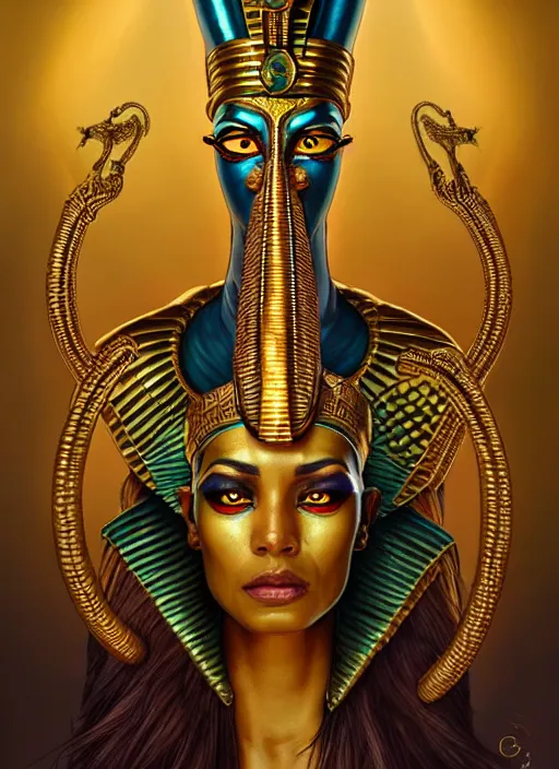 Prompt: angry egyptian god, bronze skin tone and serpent headdress, pharaoh goatee, glowing eyes, volumetric lights, cyan and gold scheme, art nouveau botanicals, gothic, intricate, highly detailed, digital painting, artstation, concept art, smooth, sharp focus, illustration, kemetic symbolism, art by artgerm and greg rutkowski and alphonse mucha