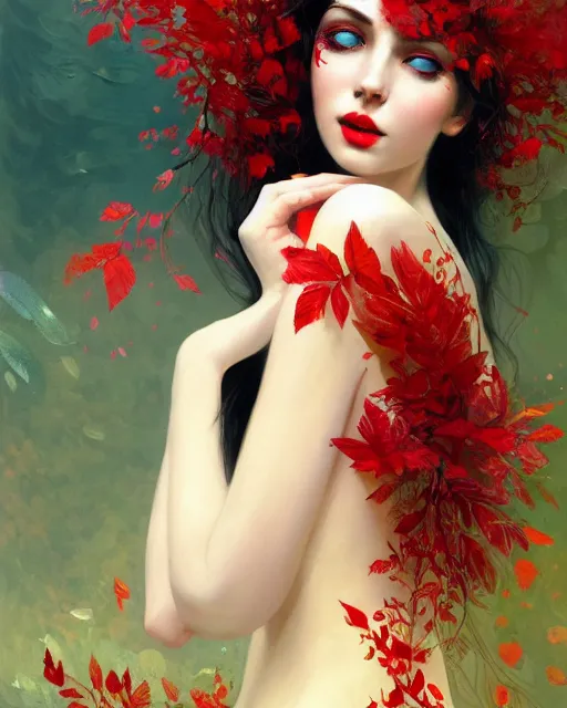 Image similar to highly detailed beautiful pale skin hippie, black hair, flying leaves on backround, symmetrical, red lips, paint by ilya repin and anna dittman trending on artstation, intricate details, energetic composition, golden ratio, concept art, illustration, elegant art