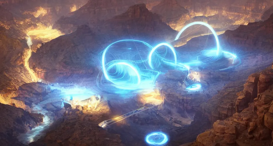 Image similar to night, a lot of people and a spiral - shaped white luminous attractor is floating in grand canyon, concept art, art for the game, professional lighting, art