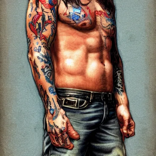 Prompt: Portrait of Sam Winchester in blue jeans, Sons of Anarchy Tattoed on his back, intricate upper body, highly detailed, digital painting, artstation, concept art, smooth, sharp focus, illustration, art by Hajime Sorayama
