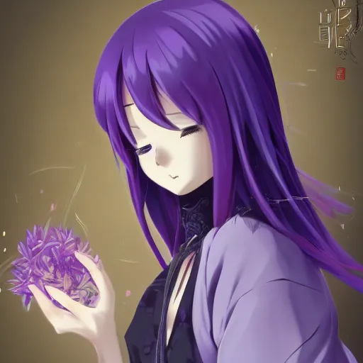 Image similar to anime full body illustration of a woman with purple hair wearing dark purple chinese outfit, her head is slightly tilted, medium shot, extremely detailed art, by ilya kushinov and makoto shinkai, matte illustration, character showcase art, 4 k, anime key visual, official illustration by kyoto animation, monthly top rankings on pixiv, trending on artstation, danbooru art