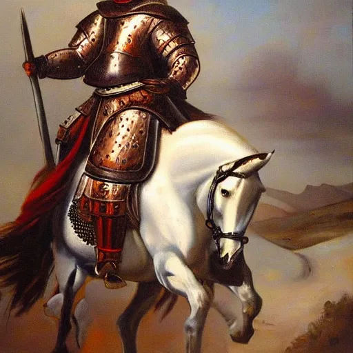 Prompt: a beautiful oil painting of a middle eastern knight in shining armor riding a horse