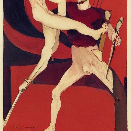 Image similar to by frank miller, by zinaida serebriakova maroon soothing. a performance art of two people, one a demon & the other a human, fighting each other with swords.