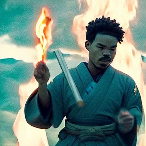 Image similar to cinematic film still of Chance The Rapper starring as a Samurai holding fire, Japanese CGI, VFX, 2022, 40mm lens, shallow depth of field, film photography