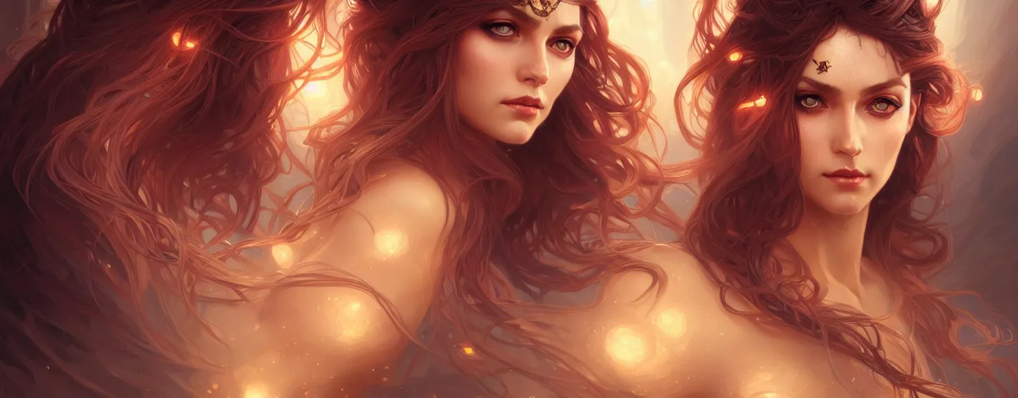 Image similar to fantasy magic woman portrait, sci-fi, amber eyes, face, long hair, fantasy, intricate, elegant, highly detailed, digital painting, artstation, concept art, smooth, sharp focus, illustration, art by artgerm and greg rutkowski and alphonse mucha