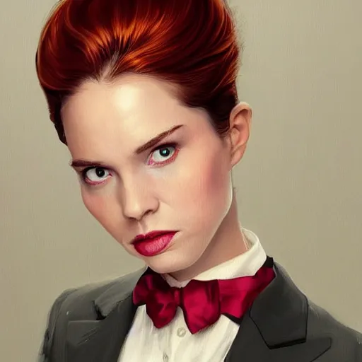 Image similar to A masterpiece portrait of a Female version of Patric Bateman from American Psycho. medium shot, intricate, elegant, highly detailed. trending on artstation, digital art, by Stanley Artgerm Lau, WLOP, Rossdraws, James Jean, Andrei Riabovitchev, Marc Simonetti, Yoshitaka Amano