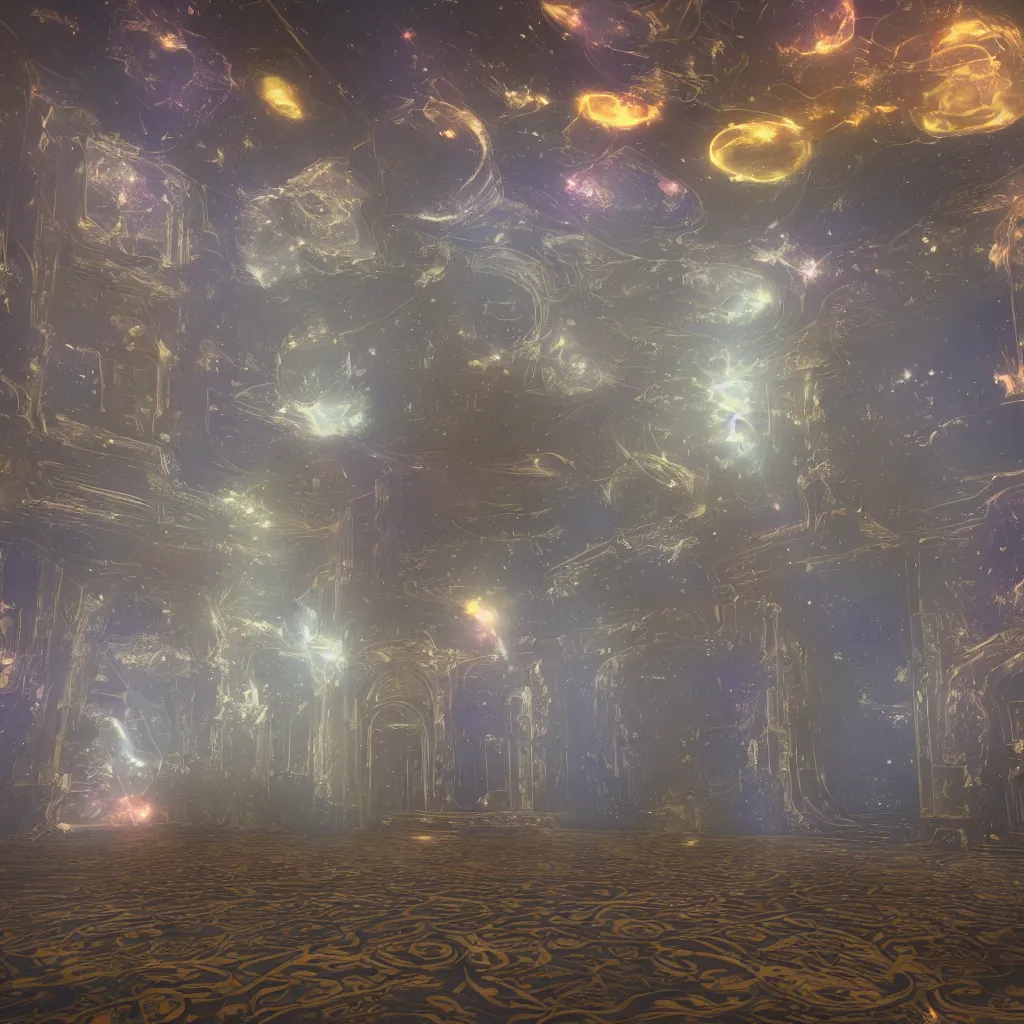 Image similar to the ruins of peach castle lobby, it would take place in space, with nebulas and stars in the background but with like, barely any walls inside, floating around in the space area, it would have a velvet blue aesthetic too, the logo on the carpet would be velvet room logo and there would be a throne in the room as well with a dark gray and blue aesthetic