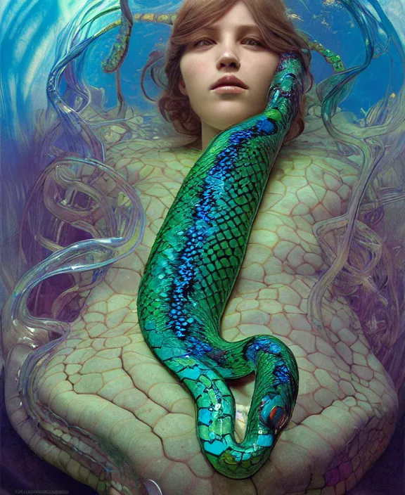 Image similar to intricate colorful transparent portrait of a disturbing beautiful alien snake creature, mottled coloring, adorable, childlike, underwater environment, ultra realistic, concept art, art nouveau, photorealistic, octane render, 8 k, unreal engine. art by christopher marley and artgerm and greg rutkowski and alphonse mucha