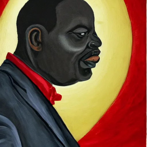 Prompt: a painting of a loving, caring fatherly wide forehead, aquiline nose, round face, XXL , generous, ever-present, humble, wise elder from Kenya in a silver suit and red tie by Kara Walker . Fatherly/daddy, focused, loving, leader, relaxed. Gold background, heavenly lights, details, smooth, sharp focus, illustration, realistic, cinematic, artstation, award winning, rgb , unreal engine, octane render, cinematic light, macro, depth of field, blur, light and clouds, highly detailed epic cinematic concept art CG render made in Maya, Blender and Photoshop, octane render, excellent composition, dynamic dramatic cinematic lighting, aesthetic, very inspirational, arthouse.