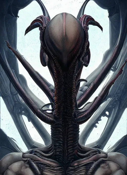 Image similar to a digital painting of a symmetric xenomorph, by netter, muscular, deadly, style from greg rutkowski, beautiful eyes, long hair, full frame, oil painting, featured on artstation, concept art, smooth, sharp focus, illustration, very detailed, ambient lighting, unreal engine render, concept art by Atey Ghailan, by Loish, by Bryan Lee O'Malley