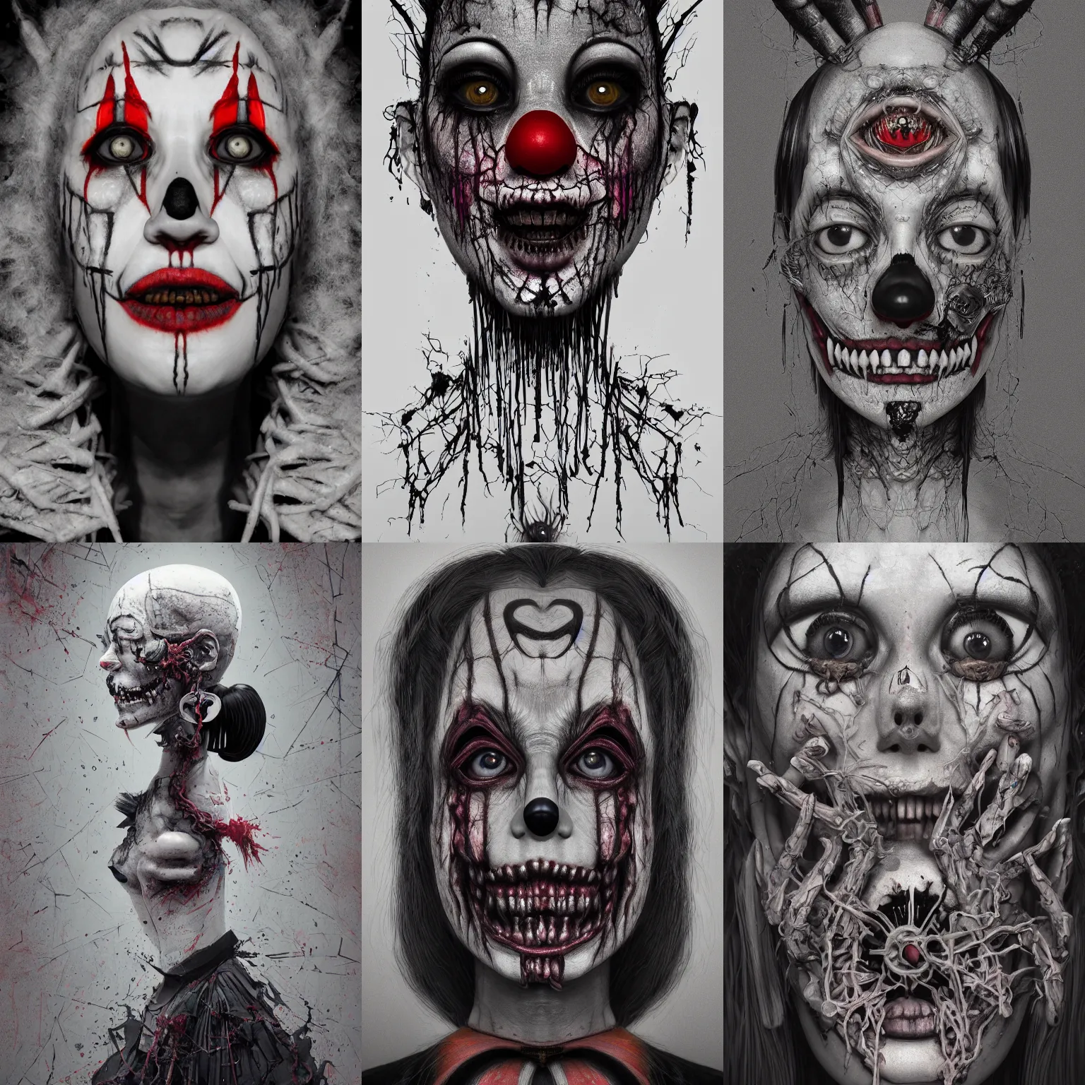 Image similar to portrait of a creepy girl clown skull. intricate abstract. intricate artwork. nightmare fuel. terrifying. by Tooth Wu, wlop, beeple, dan mumford. octane render, trending on artstation, greg rutkowski very coherent symmetrical artwork. cinematic, hyper realism, high detail, octane render, 8k, iridescent accents, black and white