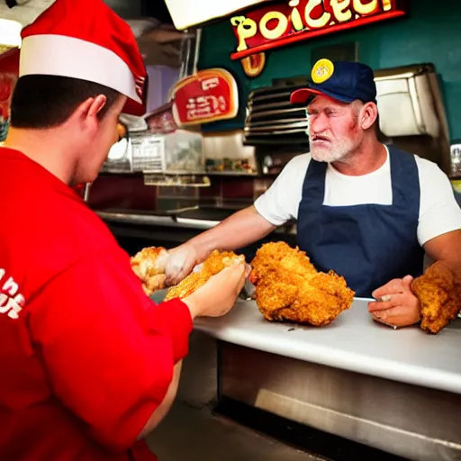 Prompt: a photograph of a reallife popeye the sailor man handing fried chicken to a customer at a popeye's chicken restaurant. he is behind the counter wearing a uniform