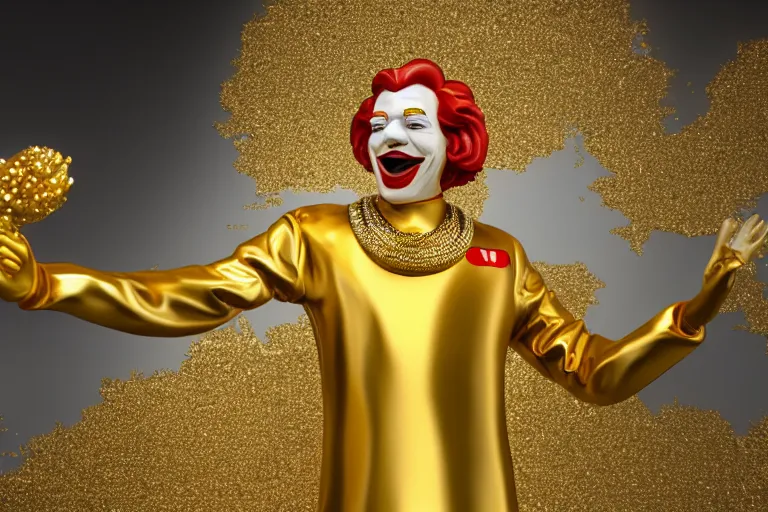 Image similar to a still of ronald mcdonald surrounded by gold and diamonds, award - winning, photograph, 3 d render, unreal engine, 4 k detailed