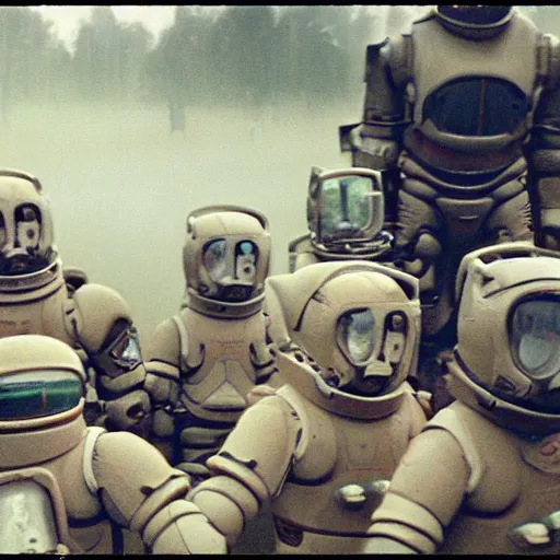 Prompt: crowd of infants in mech suits in a village, Cinematic focus, Polaroid photo, vintage, neutral colors, soft lights, foggy, by Steve Hanks, by Serov Valentin, by lisa yuskavage, by Andrei Tarkovsky