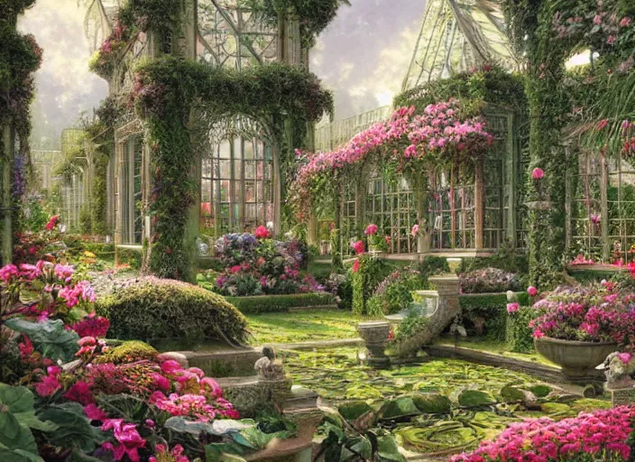 Prompt: an elaborate formal garden with exotic flowers, shrubberies and a beautiful greenhouse intricate, elegant, highly detailed, matte, sharp focus, illustration, art by ferdinand knab and thomas kinkade