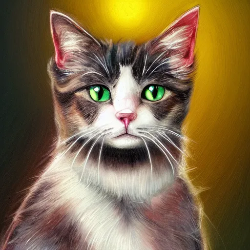 Prompt: a cat with a halo, highly detailed, fantasy, concept art, large yellow eyes, smooth art, illustration; background of florals, nature; sharp focus, artstation, digital art, art by clara mcallister,