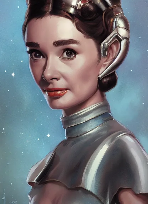 Image similar to Audrey Hepburn as Princess Leia, fantasy, intricate, elegant, highly detailed, digital painting, artstation, concept art, smooth, sharp focus, illustration, art by artgerm and greg rutkowski and alphonse mucha