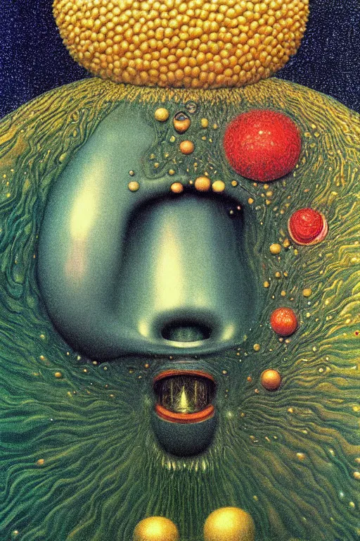 Prompt: 8 0 s close up portait of mushroom head with big mouth surrounded by spheres, rain like a dream oil painting curvalinear clothing cinematic dramatic fluid lines otherworldly vaporwave interesting details epic composition by artgerm rutkowski moebius francis bacon gustav klimt