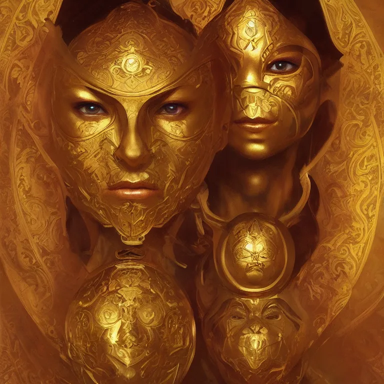 Image similar to portrait of a golden mask with three faces, D&D, fantasy, highly detailed, digital painting, artstation, smooth, sharp focus, illustration, art by artgerm and greg rutkowski and alphonse mucha