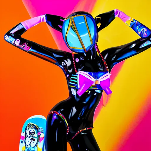 Prompt: : extremely beautiful photo of a black marble statue of an anime girl with colorful skateboard logos all over and helmet with closed visor, colorful hyperbolic background, fine art, neon genesis evangelion, offwhite, denoise, highly detailed, 8 k, hyperreal