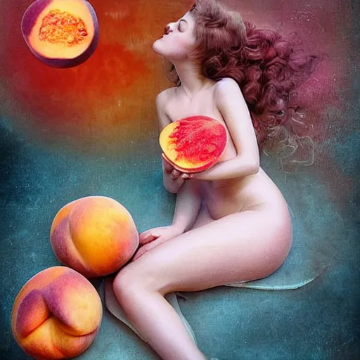 Image similar to A beautiful photograph. In the dream, she is eating a peach, on Venus. The flesh is sweet and juicy, slightly bitter. It mingles with Sydan's taste in a delicious way. by Mark Lovett evocative, elaborate