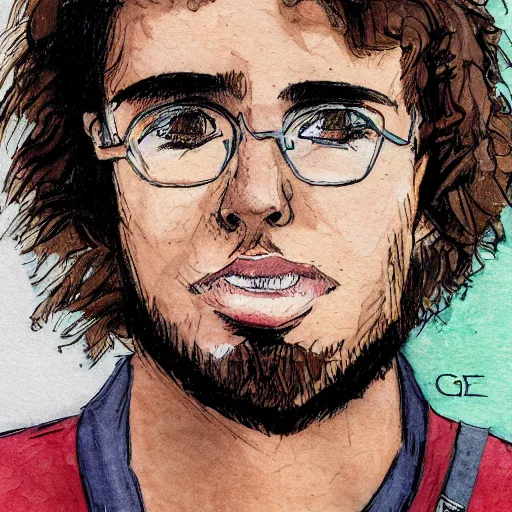 Image similar to a head - on comic - style portrait of a 2 0 - something engineering student, brown messy hair, by laurie greasly