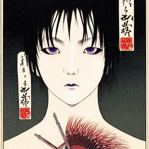 Image similar to prompt : portrait of muse soft light painted by takato yamamoto, purple rinnegan eyes, inspired by ninja anime, smooth face feature, intricate oil painting, high detail, sharp high detail, manga and anime