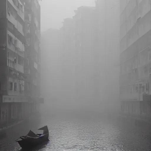 Image similar to hongkong life in a fog morning, by fan ho,