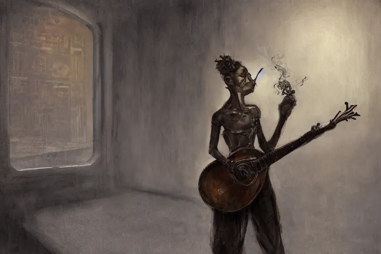 Image similar to still life painting, musical instument alone - a lute with smoke wisping up from its smoldering string, cursed baroque with ebony inlay, designed by brian froud and hr giger leans against the wall alone, abandoned. an empty brutalist chamber, lonely, somberlate afternoon lighting cinematic fantasy painting by jessica rossier