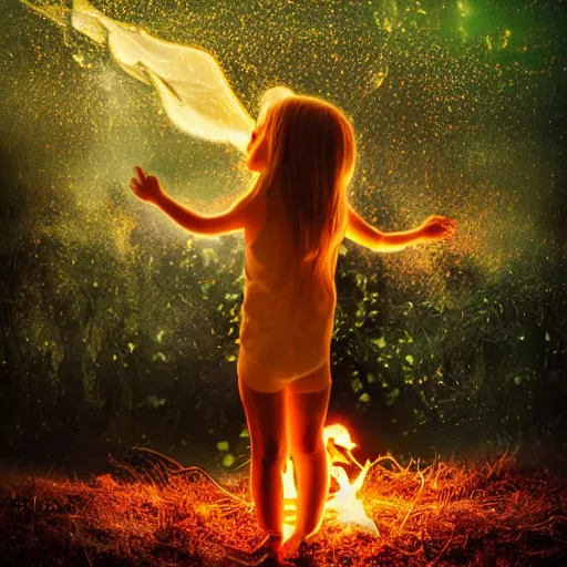 Prompt: fire breathing child in forest with fireflies magical ethereal high definition high detail glowing