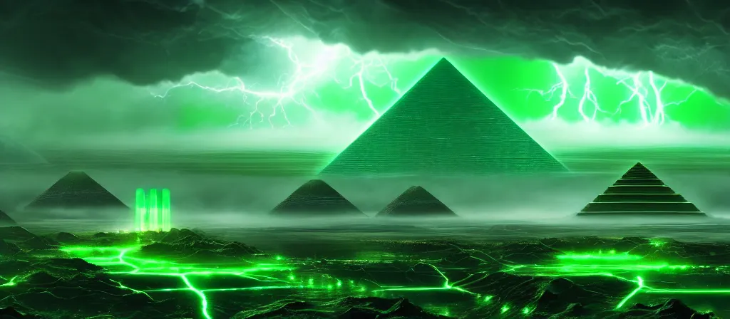 Image similar to the ethereal god of technology bestows the gift of green circuits to humanity. ocean storm burtalist immaculate matte painting. fantastic. velvet and emerald. high key studio lighting. fractal dreams. ancient egypt, trending on artstation, cgsociety, ps 5, uhd 8 k cryengine