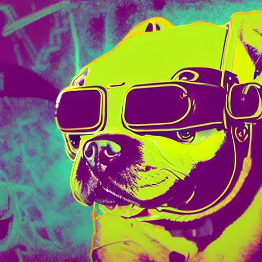 Image similar to illustration of cyberpunk puppy in vr helmet, colorful splatters, by andy warhol and by zac retz and by kezie demessance