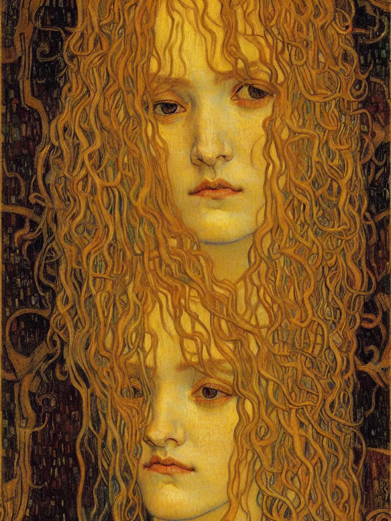 Image similar to detailed realistic beautiful young medieval queen face portrait by jean delville, gustav klimt and vincent van gogh, art nouveau, symbolist, visionary, gothic, pre - raphaelite, muted earthy colors, desaturated