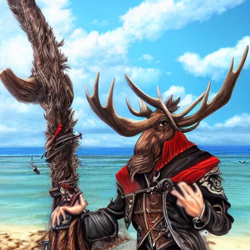 Image similar to anthropomorphic moose pirate humanoid by tooth wu, pirate ship, sea, fantasy